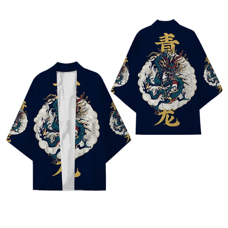 Black Kimono Cardigan Women Men Japanese Obi Male Yukata Men's Haori Chinese Dragon Print Coat Traditional Japan Clothing