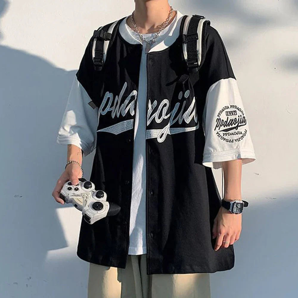 Street Hiphop Color Contrast Stitching Baseball Shirt Cardigan Jacket Summer Short-sleeved Shirt Men's Loose Top Men's Clothing