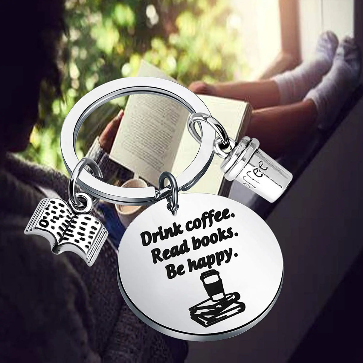 Book Lovers Gift Coffee Lovers Gift Drink Coffee Read Books Be Happy Keychain