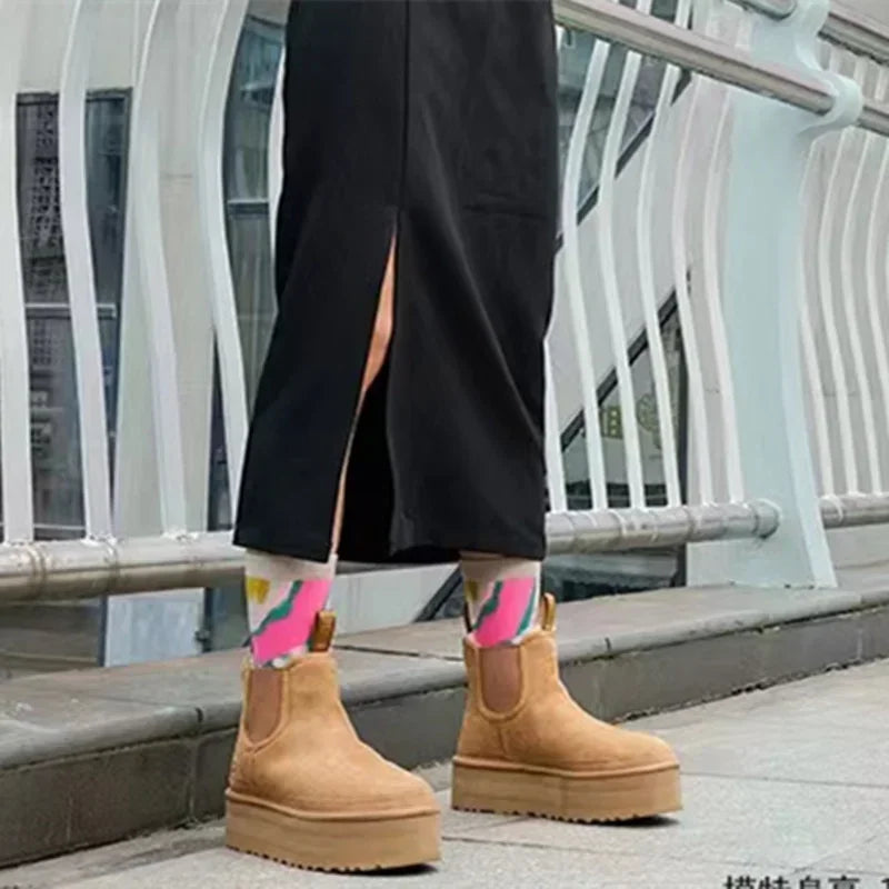 Suede Flats Women Ankle Snow Boots Platform Warm Winter Casual Shoes 2024 New Fashion Womens Thickened Short Plush Chelsea Boots