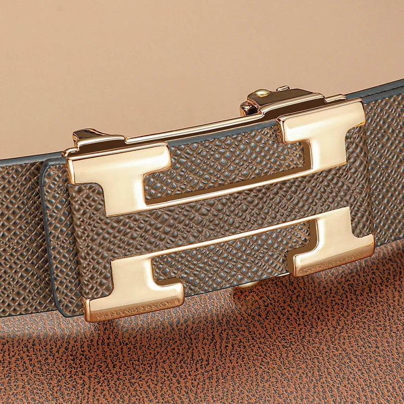 3.4cm Wide Automatic Metal Buckle Belt For Men Genuine Leather Waistband High Quality luxury Brand Casual Cowskin Ceinture Homme