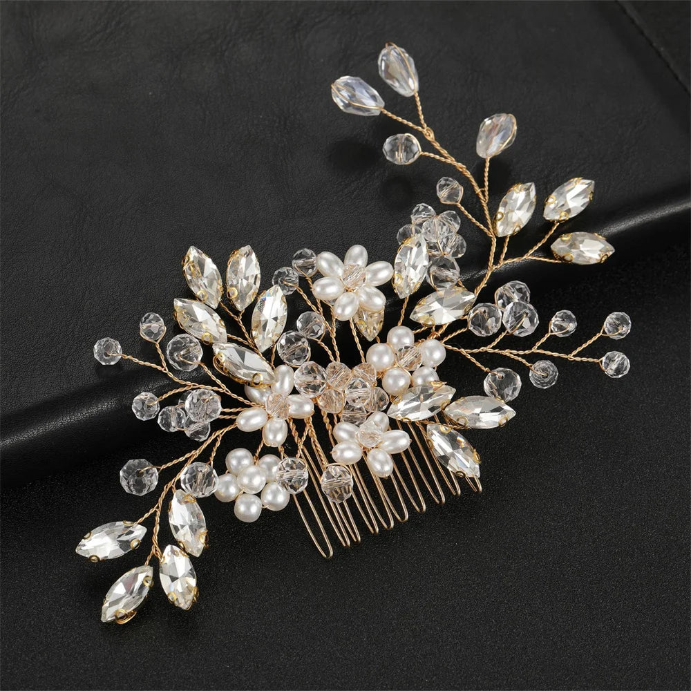 Silver Color Flower Hair Comb Clip Girls Handmade Alloy Pearl Hairpin Bridal Tiaras Wedding Hair Accessory Crystal Hair Jewelry