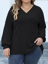 GIBSIE Plus Size Long Sleeve T Shirts for Women Spring Fall Fashion V Neck Solid Ribbed Knit Casual Tee Tops Female 2023 Clothes