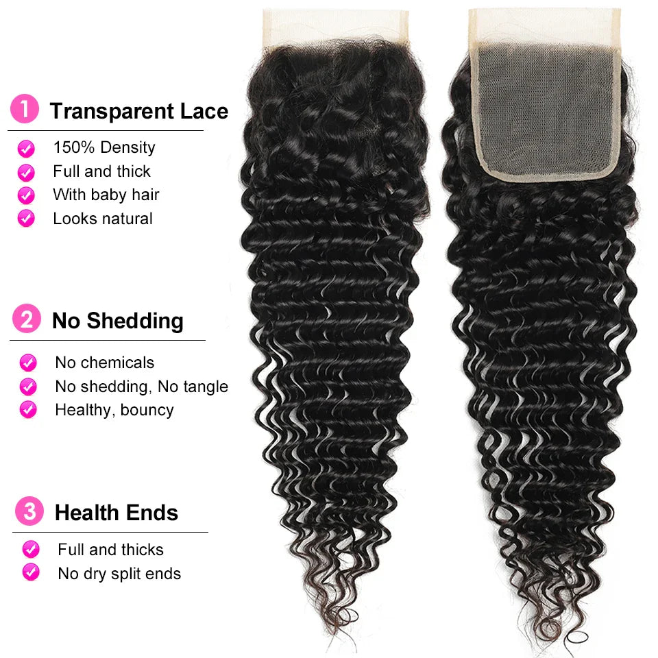 Malaysian Deep Wave Bundles With Closure Wet and Wavy Curly Human Hair Bundles With 4x4 Lace Closure Remy Hair Weave Extensions