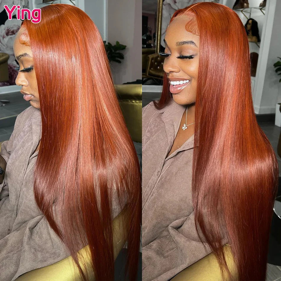 Ying Bone Straight Ginger Orange Brown 13x6 Lace Frontal Wig Remy Hair 13x4 Lace Front Wig PrePlucked 5x5 Transparent Lace Wig