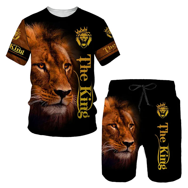 2023 Men T-shirt Set Tracksuit Training Wear Lion Pattern T-Shirt Shorts Casual Suit Oversized 2 Piece Set Sports Men Clothes