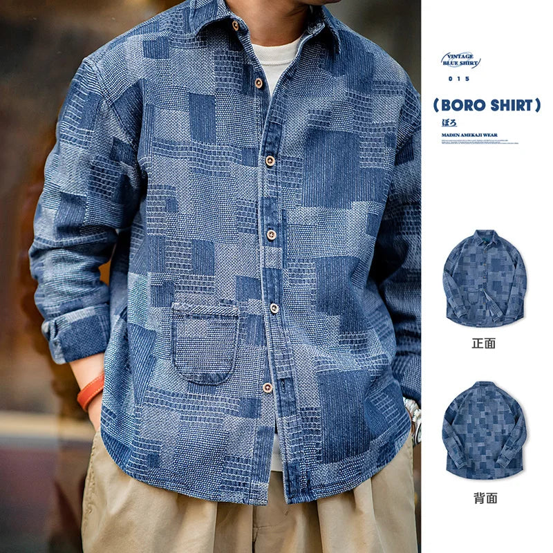 Maden Japanese Retro Boro Denim Shirts for Men Jacquard Patchwork Long-Sleeve Button Down Shirt Jacket Oversize Spring Outerwear