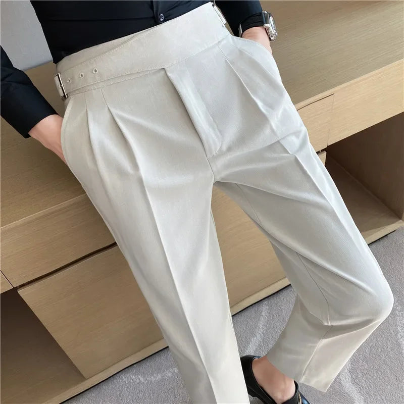 British Style Men High Waist Dress Pants 2023 Autumn Solid Color Casual Trousers Slim Fit Formal Suit Pants Fashion Men Clothing