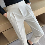 British Style Men High Waist Dress Pants 2023 Autumn Solid Color Casual Trousers Slim Fit Formal Suit Pants Fashion Men Clothing