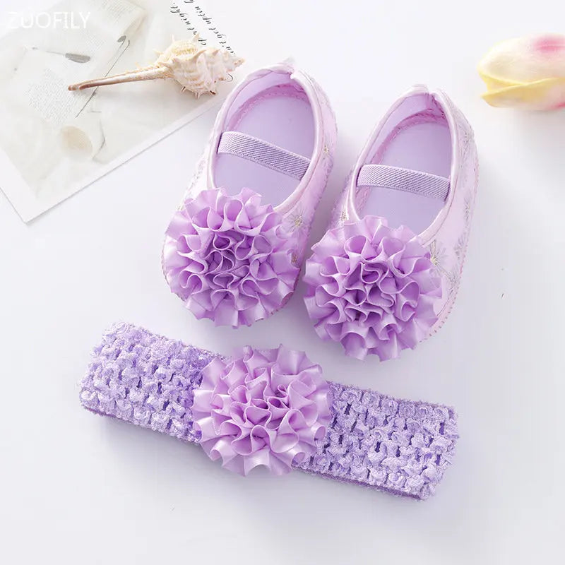 0~18M Cute Bowknot Newborn Baby Shoes Headband Set Anti Slip Toddler Infant First Walker Baby Girls Newborn Soft Sole Pink Shoes