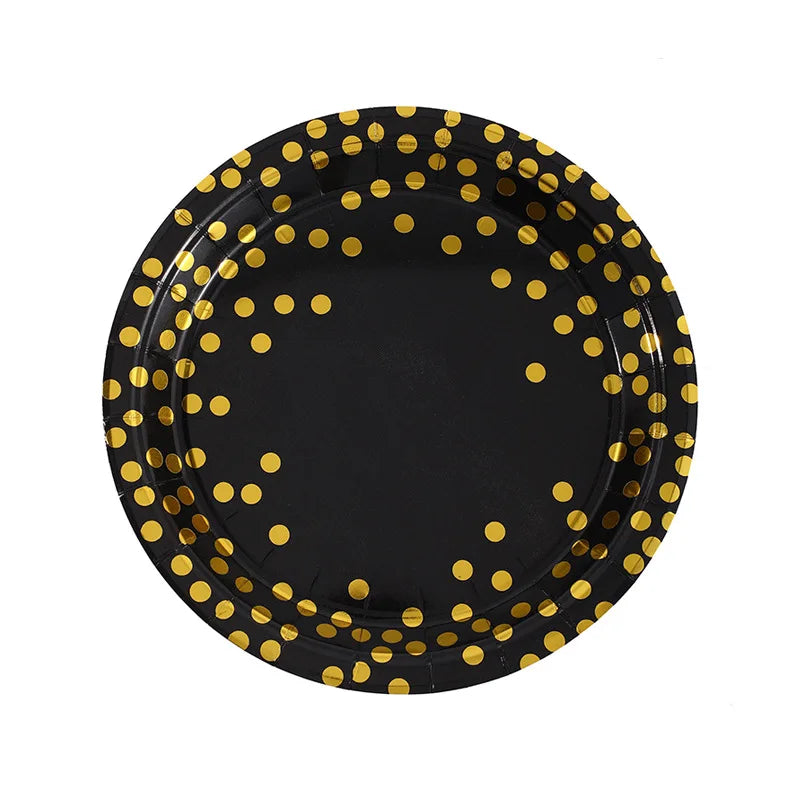 Stamping black polka dots disposable birthday party tableware sets paper cups paper plates pull flags decorative arrangements