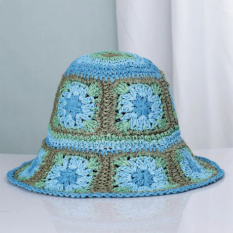 Colorful Crochet Straw Bucket Hat Handmade Knitted Flowers Beach Fisherman Hat for Women Sunshade Cap Vintage Accessories