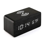 Wooden Digital Alarm Clock with Wireless Charging, LED Clock with Time, Date,Temperature, Desk Clocks for Office,Bedside Clock