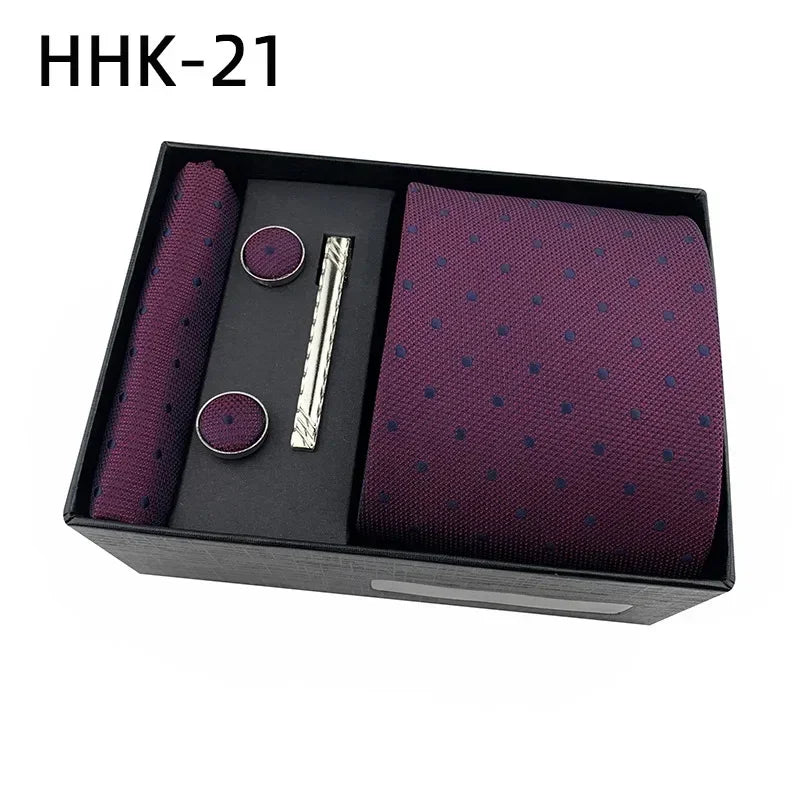 100%Silk Feel Set Classic Ties for Men Kerchief Square Cufflinks Brooch Tie Clip Bussiness Wedding Party Suit Gift Box Set