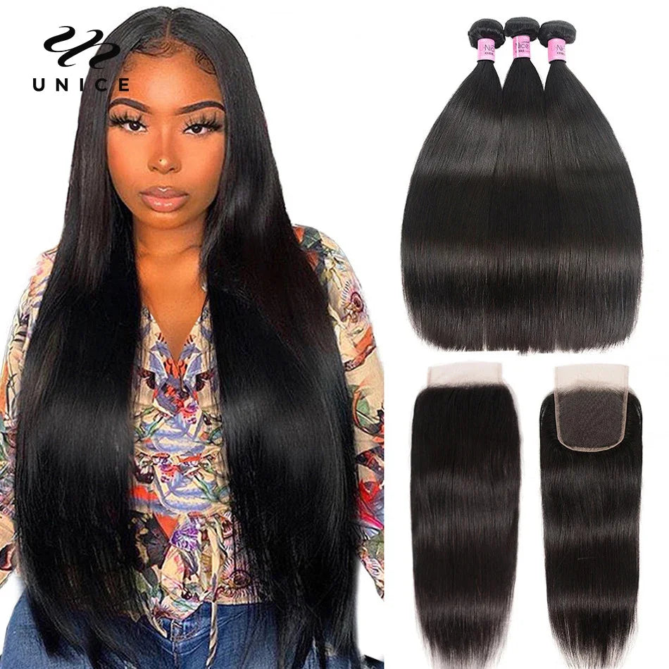 UNice Hair 5X5 HD Lace Closure 28 30 Inch With Peruvian Straight Hair 3 Bundles 4PCS 4x4 Swiss Lace Human Hair Weave Remy Hair