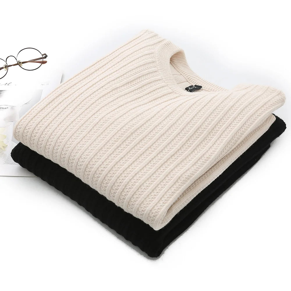 2023 Fall Winter 100kg Simple O-Neck Jacquard Knit Sweater Plus Size Women's Casual Striped Pullover Jumpers