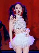 Kpop Girl Group Jennie Jazz Dance White Pearl Halter Vest Crop Tops Stage Costume Sexy Shaggy Mini Skirt Music Festival Outfits