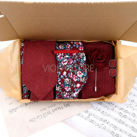 Viola Design Gift Box Hot Solid Floral Cotton Sock Necktie Set Clip Cufflinks Pin Hanky Men Wedding Party Daily Cravat Accessory