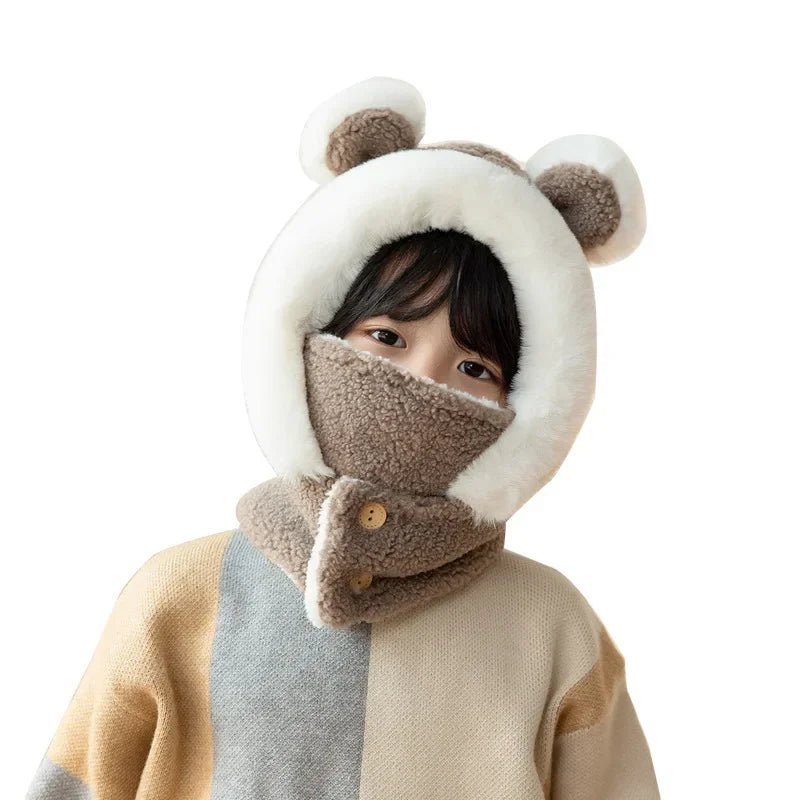 New Children's Hat Cartoon Bear Ear Flags Pullover Cap for Boys and Girls' Baby Winter Hats Scarf Kids Plush Warm Cute Fur Cap