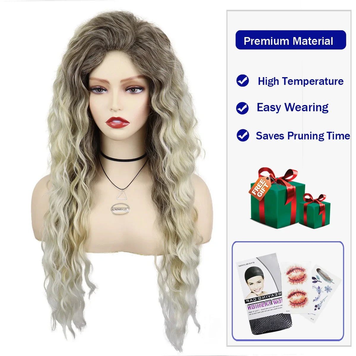 Synthetic Womens Wig Long Curly Hair Ash Blonde Wig Female Natural Wavy Dark Root Regular Wig 80s Brown Ombre Wig for Woman Girl