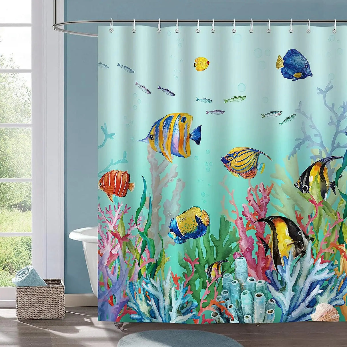 Colorful Tropical Fish Shower Curtains Ocean Animals Kids Bath Curtain Polyester Fabric Waterproof Bathroom Decor Set with Hooks