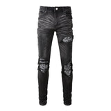 Men Bandanna Paisley Print Patch Jeans Streetweat Patchwork Holes Ripped Biker Pants Skinny Tapered Black Stretch Denim Trousers