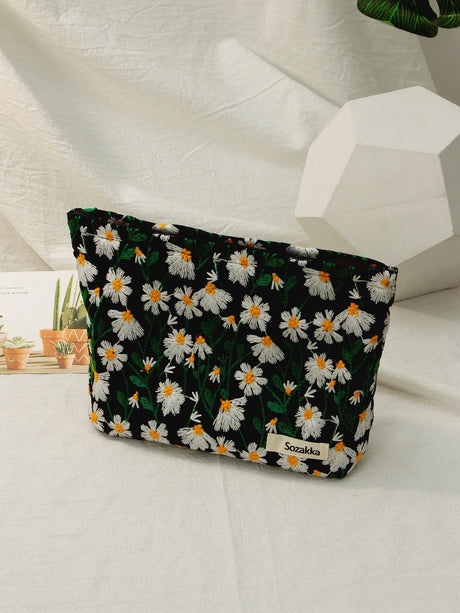 New Arrival Embroidery Aaisies Flower Makeup Bag Women's Art Simple Portable  Large Capacity Storage Case