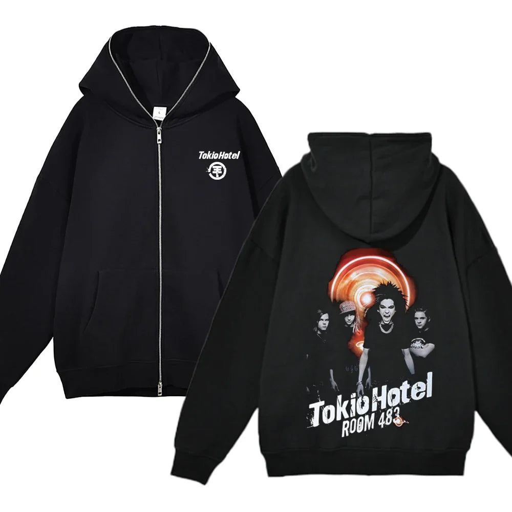 Tokio Hotel Full Zipper Hoodies Kaulitz Print Zip Up Jacket Fleece Hooded Sweatshirts Men Women Hip Hop Streetwear Y2K Cardigan