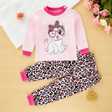 hibobi Spring 2-Piece Cute Cat Girl Round Neck Loungewear Set Comfortable Fashion Pajama Pants Set For Girls Aged 1-6 Years Old