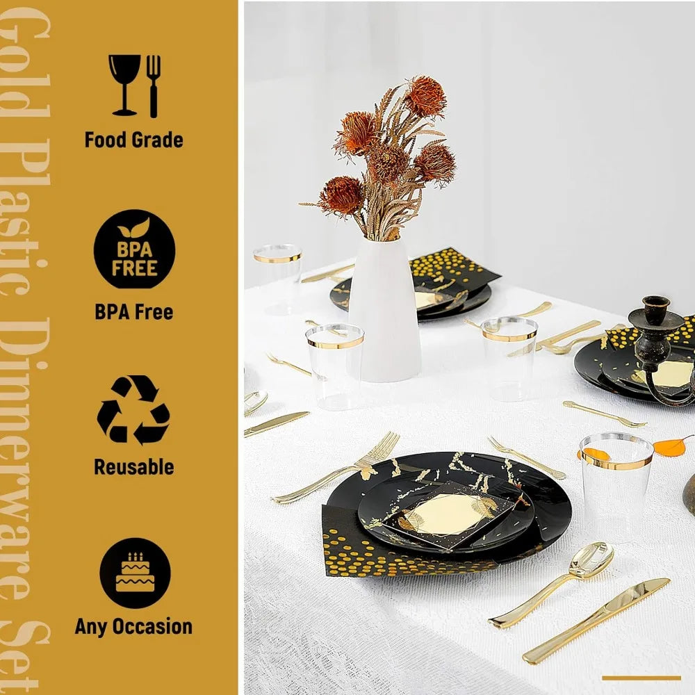 225pcs Gold Disposable Dinnerware Set, 25 Dinner Plates, Dessert Plates, Gold Plastic Silverware, 25 Mini Forks, Gold Cups