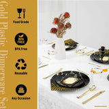 225pcs Gold Disposable Dinnerware Set, 25 Dinner Plates, Dessert Plates, Gold Plastic Silverware, 25 Mini Forks, Gold Cups