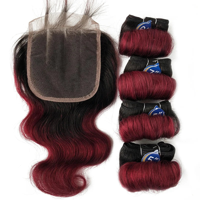 Brazilian Body Wave Bundles With Closure Human Hair Bundles With Closure Human Hair Weave Extensions 1B 27 30 Burgundy Color