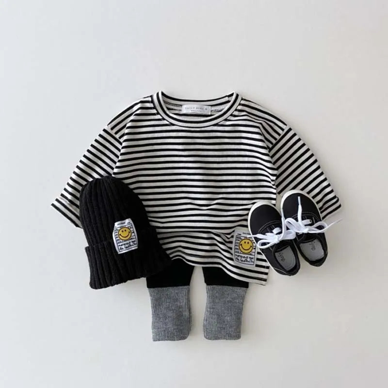 9297 Korean Ins Baby T Shirt Simple Smiling Face Casual T-shirt Autumn Winter 2021 Boy's Bottoming Shirt 0-3Year Girl's T Shirt