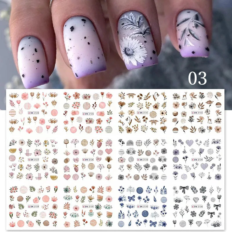 12 Designs Nail Stickers Set Mixed Floral Geometric Nail Art Water Transfer Decals Sliders Flower Leaves Manicures Decoration