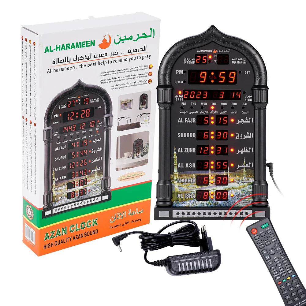 12V Azan Mosque Calendar Muslim Prayer Wall Clock Alarm Islamic Mosque Azan Calendar Ramadan Home Decor with Remote Control