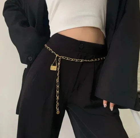 New Fashion Women's Waist Chain Alloy Material Button Head Tassel Long Chain Women's Belt Everyday Versatile Dress Belt