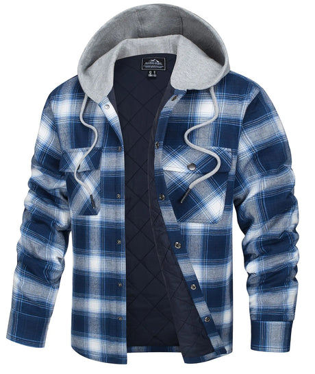 TACVASEN Cotton Flannel Shirt Jacket with Hood Mens Long Sleeve Quilted Lined Plaid Coat Button Down Thick Hoodie Outwear