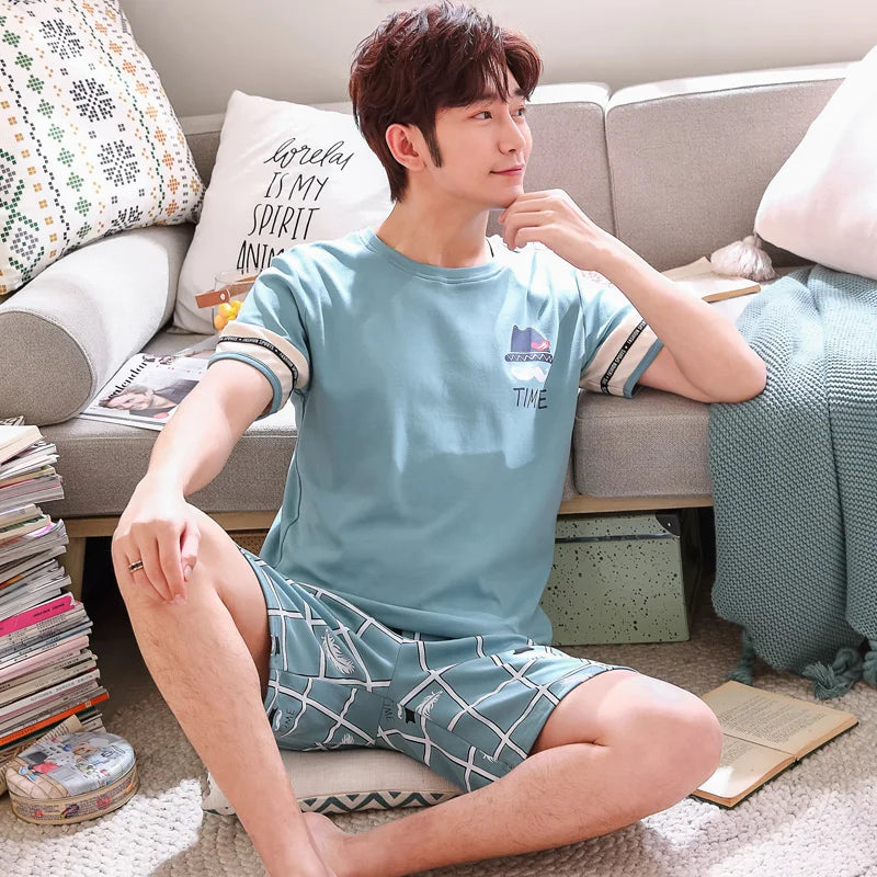 Cartoon Mens Nightwear Summer Comfortable Sleepwear Sleeping Tops Shorts 2 Pieces Pijamas Set Man Leisure Homewear Male Dropship