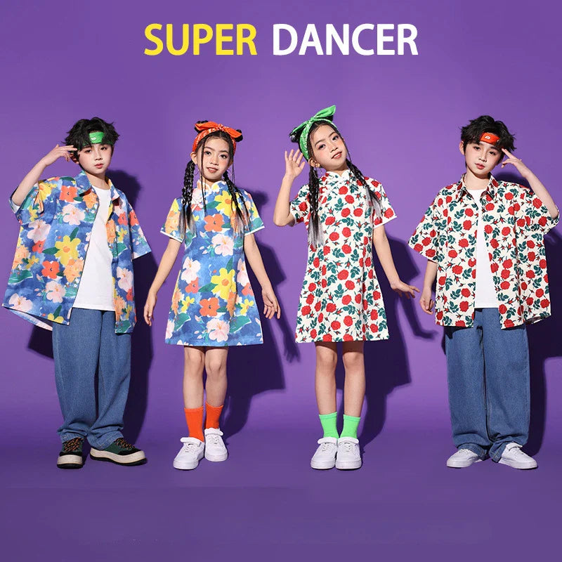 New Hip Hop Street Dance Clothes for Kids Print Short Sleeve Shirt Skirt Children Practice Wear Modern Jazz Performance Costumes