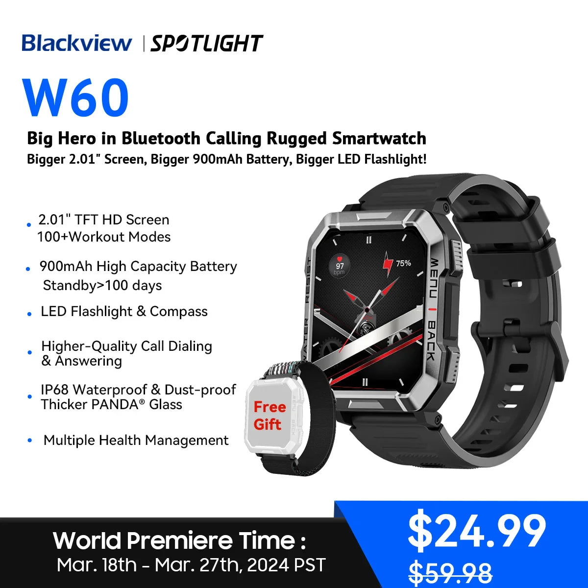 Blackview W60 2024 New Smartwatch 2.01'' HD Display TFT Rugged Smart Watch for Outdoor With Emergency Lighting Bluetooth Calling