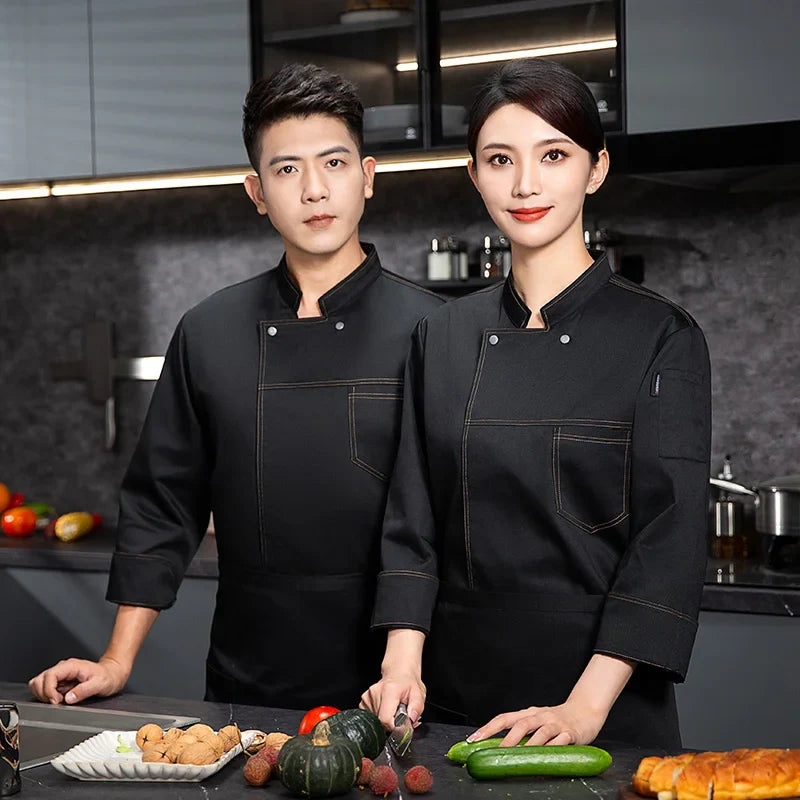 grey Chef uniform Long Sleeve chef jacket Cook Coat Chef T-shirt Baker Work Uniform Waiter Restaurant Hotel Clothes women Logo