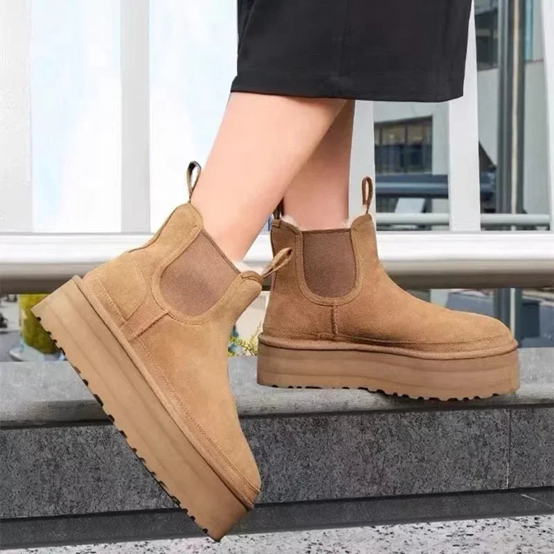 Suede Flats Women Ankle Snow Boots Platform Warm Winter Casual Shoes 2024 New Fashion Womens Thickened Short Plush Chelsea Boots