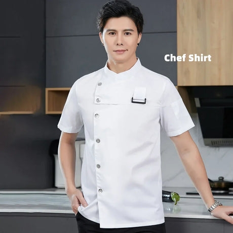 Men Women Chef Jacket Cooking Shirt Apparel Short Sleeve Tops Apron Waiter Waitress Workwear Chef Clothes Cafe Catering Uniform