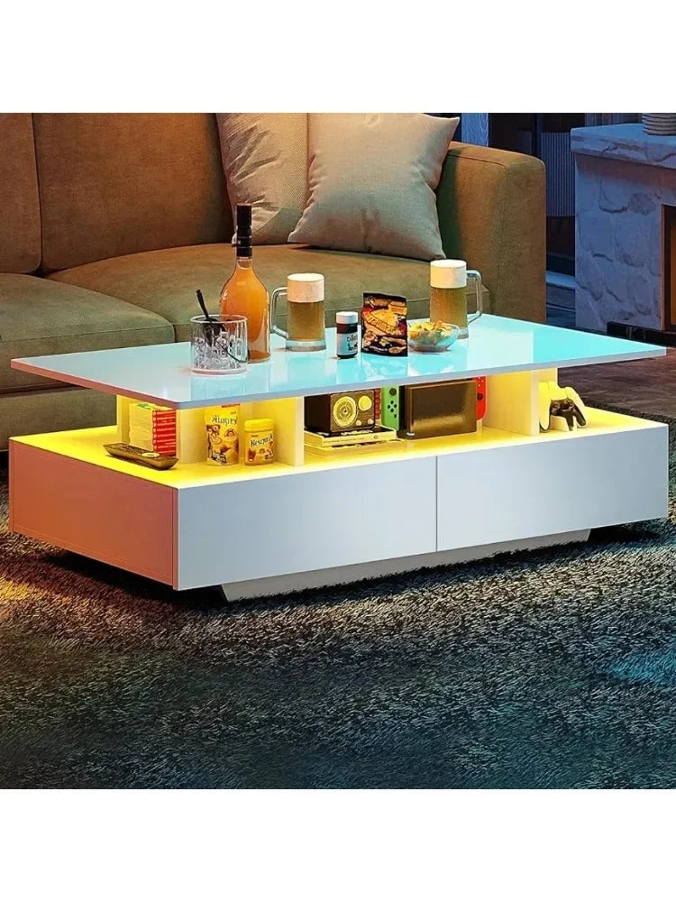 Center Table With Open Display Shelf & Sliding Drawers Dining Tables Living Room High Glossy LED Coffee Tables for Living Room