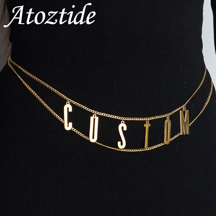 Atoztide Personalized Custom Name Waist Chain for Women Stainless Steel 2 Layer Sexy Body Chain Big Letter Birthday Jewerly Gift