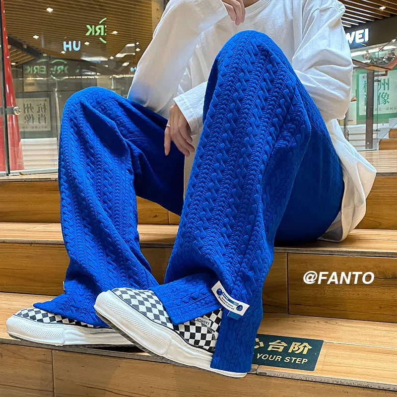 Men High Street Sweatpants Fashion Loose Casual Side Slit Straight-Leg Pants Vintage Blue Jacquard Casual Bottoms Male Clothes