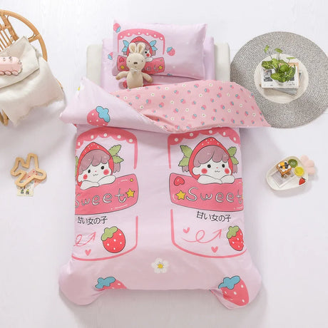 3Pcs Cartoon Cotton Crib Bed Linen Kit Baby Princess Bedding Set Includes Pillowcase Bed Sheet Duvet Cover Without Filler