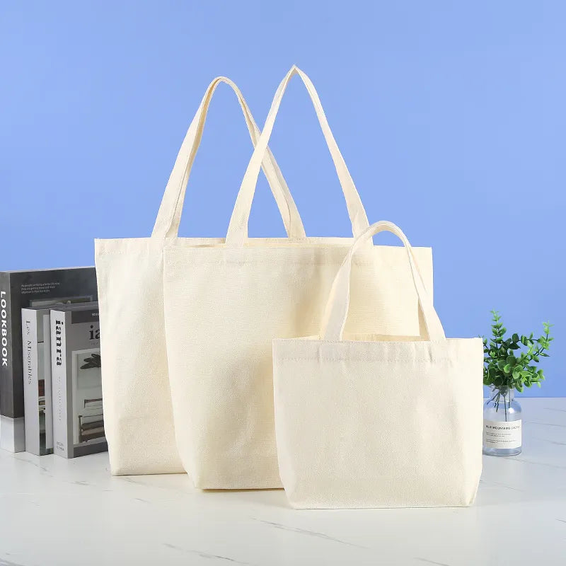 Large Capacity Canvas Shopping Bags DIY Folding Eco-Friendly Cotton Tote Bags Shoulder Bag Reusable Grocery Handbag Beige White