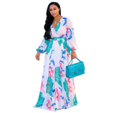 European and American large-sized women's fashion new printed long sleeved large swing chiffon dress