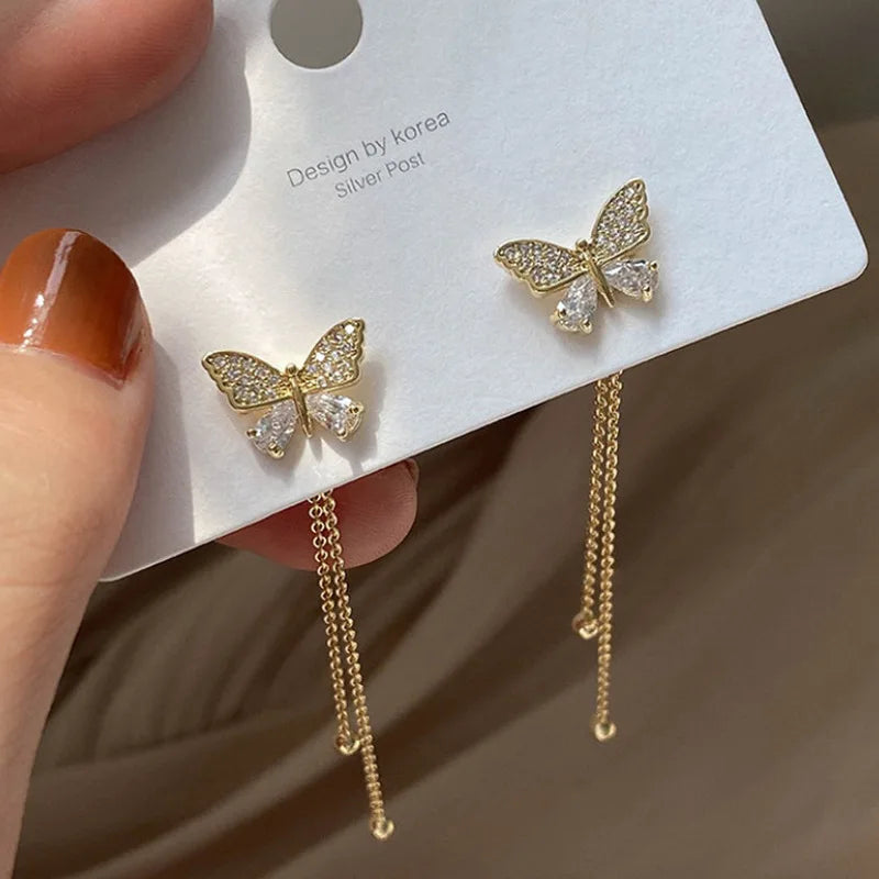 Butterfly Crystal Long Tassel Dangling Earrings For Women Korean Fashion Dainty Gold Plated Drop Earrings Jewelry Accessories